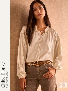 CAbi Chloe Cream Ruffle-Trim Tie-Neck Blouse